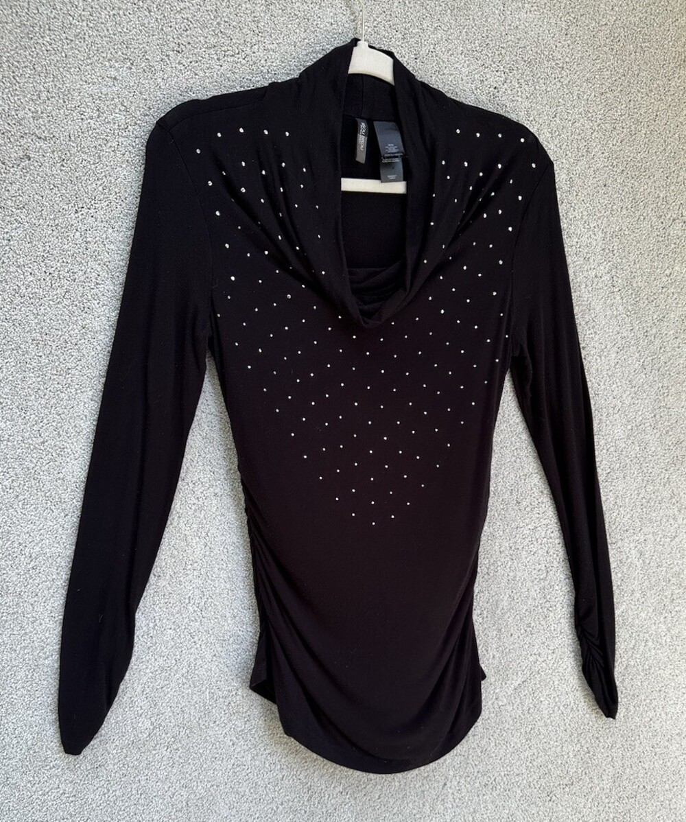 Bisou Bisou Black Cinched Shirt Womens Small Black Rhinestones Slimming Top